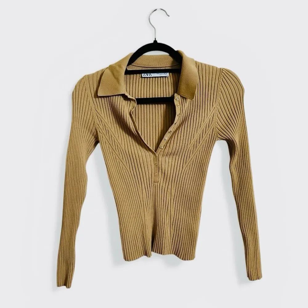 ZARA Ribbed Knit Polo Camel Size Small - Picture 8 of 12